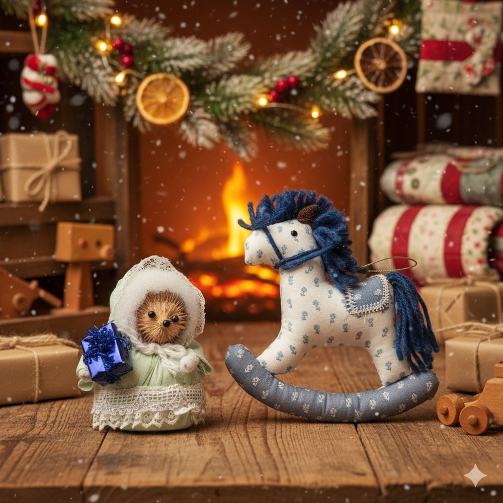 Handmade Hedgehog Christmas Ornament Rocking Horse Set Whimsical Holiday vintage